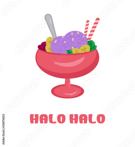 Philippine Cuisine Halo Halo or Traditional Shaved Ice Milk with Various Fruits and Beans