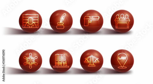 Set line Prisoner, Hexagram sheriff, Jurors, Scales of justice, Office folders, Feather and inkwell, Location law and Pistol gun icon. Vector