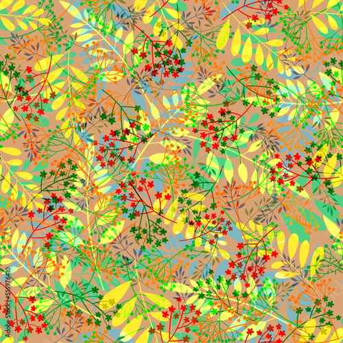 Bright chaotic leaves, small wild herbs and flowers seamless pattern