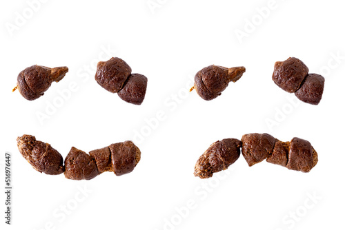 Photography brown defecate of pet with bad smell, dog excrement with clipping path isolated on white background studio shoot, joyful poop symbol funny emotion, top view