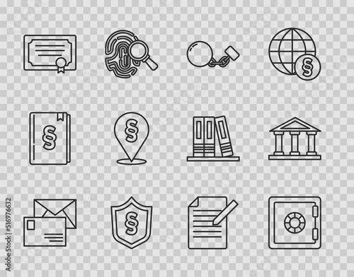 Set line Envelope, Safe, Ball on chain, Justice law shield, Certificate template, Location, Document and pen and Courthouse building icon. Vector