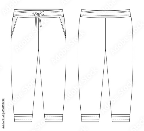 Sport style pants with pockets technical sketch. KIds trousers design template.