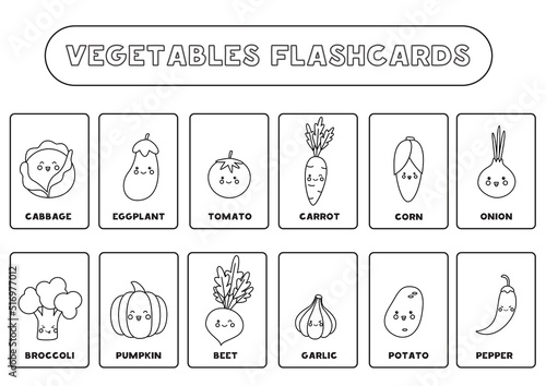 Black and white vegetables flashcards for kids.