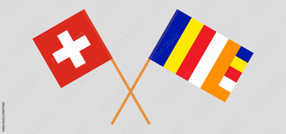 Crossed flags of Switzerland and Buddhism. Official colors. Correct proportion