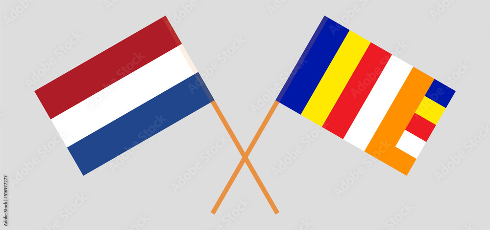 Crossed flags of the Netherlands and Buddhism. Official colors. Correct proportion