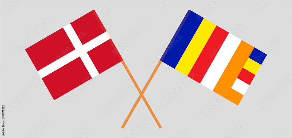 Crossed flags of Denmark and Buddhism. Official colors. Correct proportion