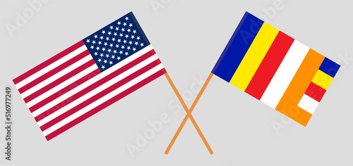 Crossed flags of the USA and Buddhism. Official colors. Correct proportion