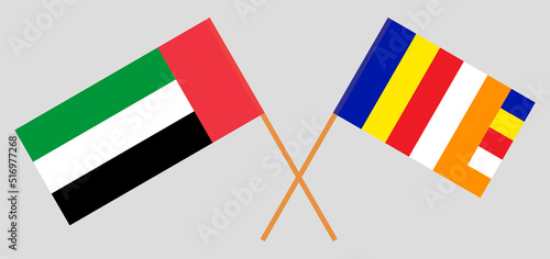 Crossed flags of the United Arab Emirates and Buddhism. Official colors. Correct proportion
