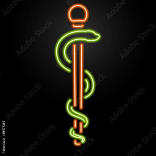 staff of asclepius neon sign, modern glowing banner design, colorful modern design trends on black background. Vector illustration.