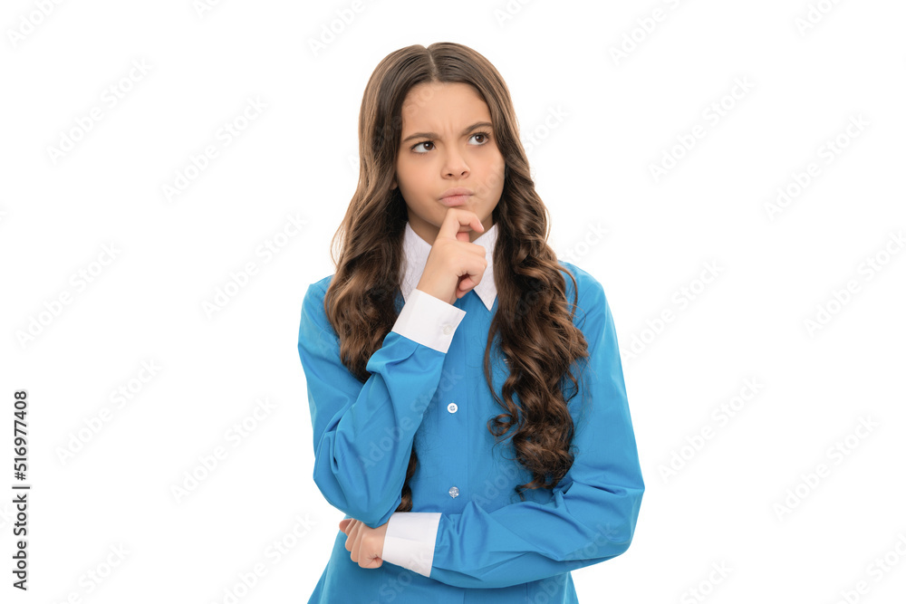 thoughtful face of teen girl with long curly hair isolated on white, beauty thoughtful face of teen girl with long curly hair isolated on white, beauty
