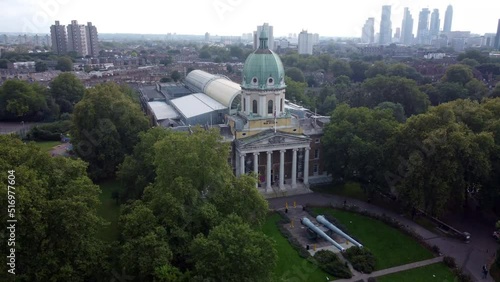 Drone view of the Imperial War Museum with a view of the city in the background.