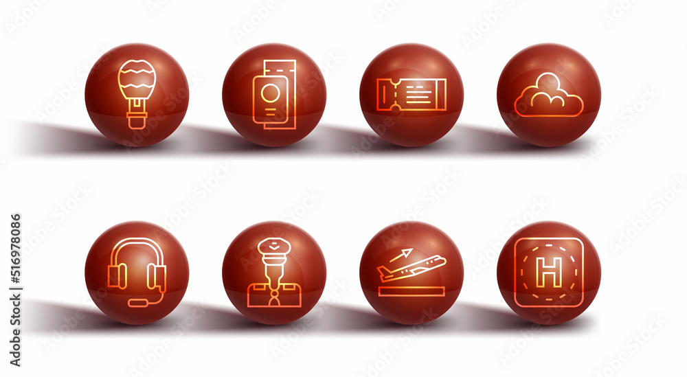 Set line Hot air balloon, Headphones with microphone, Cloud weather, Plane takeoff, Pilot, Passport ticket, Helicopter landing pad and Airline icon. Vector Set line Hot air balloon, Headphones with microphone, Cloud weather, Plane takeoff, Pilot, Passport ticket, Helicopter landing pad and Airline icon. Vector