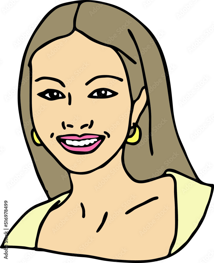 Beautiful young woman smiling with white teeth. Model girl for beauty salon, hairdressing, cosmetic shop. Girl with long blond hair and big eyes. Hand drawn illustration. Comic cartoon vector drawing.