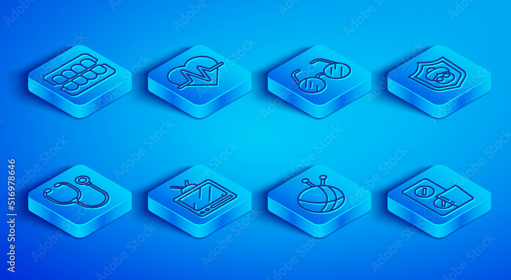 Set line False jaw, Heart rate, Eyeglasses, Retro tv, Yarn ball with knitting needles, Grandmother, Stethoscope and Pills blister pack icon. Vector Set line False jaw, Heart rate, Eyeglasses, Retro tv, Yarn ball with knitting needles, Grandmother, Stethoscope and Pills blister pack icon. Vector