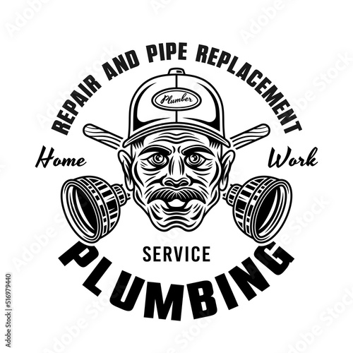 Plumber man in cap hat and two crossed plungers vector vintage emblem, label, badge or logo for plumbing service company. Illustration in monochrome style isolated on white background