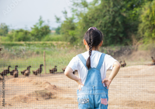 asian little girl looking at the ducks in farm