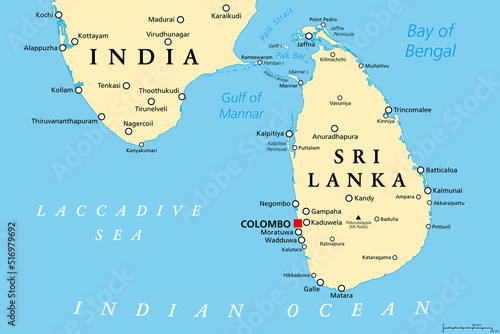 Sri Lanka and part of Southern India, political map. Democratic Socialist Republic of Sri Lanka, formerly known as Ceylon, island country in South Asia and Indian Ocean, with de facto capital Colombo.