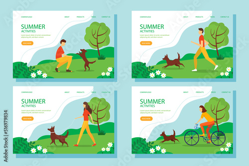 Summer activity web banner set. The concept of an active and healthy lifestyle. Vector illustration in flat style.