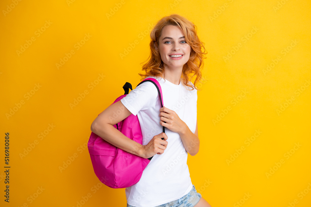 Portrait of happy woman holding backpack. Woman tourist backpacker. Portrait of happy woman holding backpack. Woman tourist backpacker.