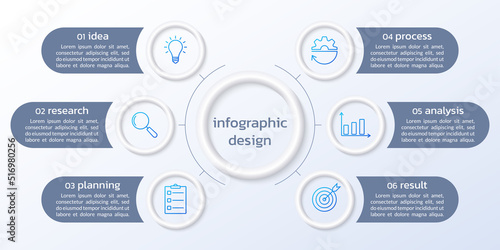 6 circle elements with business icons. Six step infographic 3d design. Modern presentation, diagram, chart, layout template. Vector illustration.