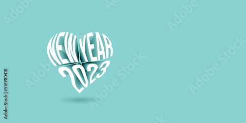 Text gentle inscription in the heart. Happy new year 2023. Cute vector calligraphic style. Turquoise or blue background with place for text.