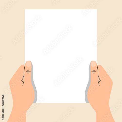 Hands holding empty banner vector isolated. Illustration of hands holding white paper sheet. Empty space for message.