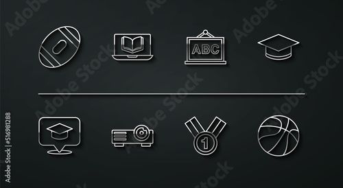 Set line American Football ball, Graduation cap in speech bubble, Medal, Movie, film, media projector, Online class, Basketball and Chalkboard icon. Vector