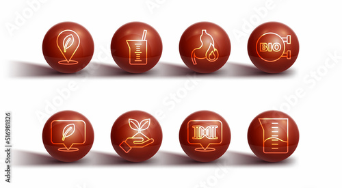Set line Location with leaf, Bio healthy food, DNA symbol, Plant in hand, Laboratory glassware or beaker, and Stomach heartburn icon. Vector