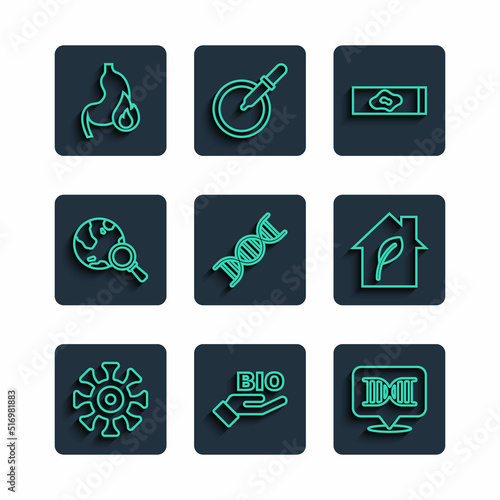 Set line Bacteria, Bio healthy food, DNA symbol, Blood test and virus, Magnifying glass with globe, Stomach heartburn and Eco friendly house icon. Vector