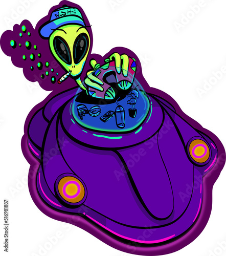 UFO driver smoke in fly car. Cartoon. Bright  color and light