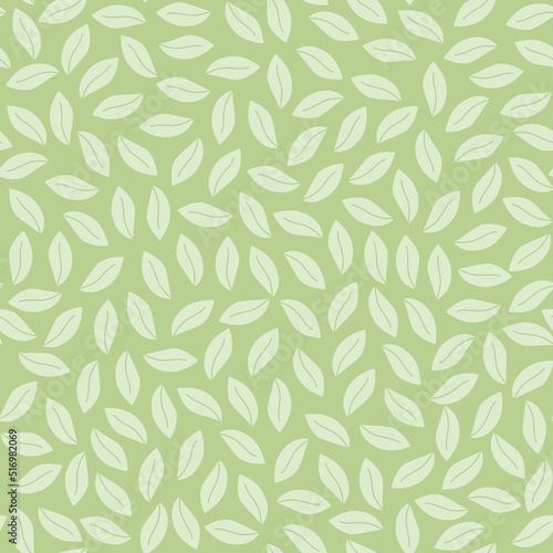 Vector seamless pattern with green leaves. Tea leaf minimalistic background. Floral green color backdrop.