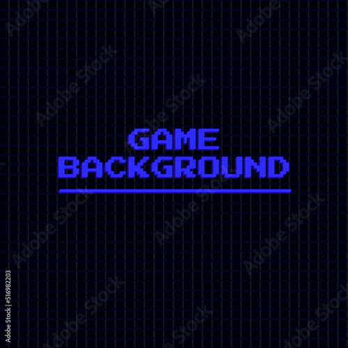 Black pixel background for Tetris game start, mosaic blocks vintage videogame backdrop. Seamless pattern. Blue text.