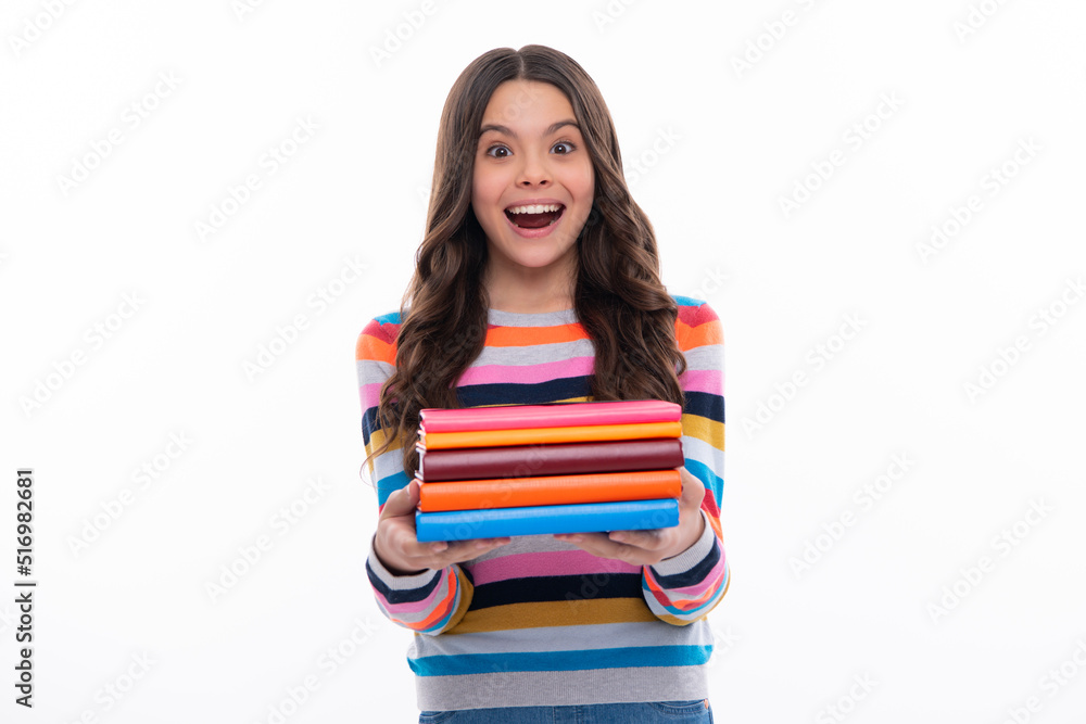 Teenager school girl study with books. Learning knowledge and kids education concept. Excited face, cheerful emotions of teenager girl. Teenager school girl study with books. Learning knowledge and kids education concept. Excited face, cheerful emotions of teenager girl.