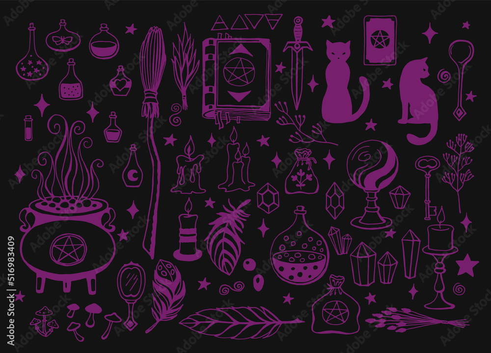 Witchcraft, magic background for witches and wizards. Vector vintage collection. Hand drawn magic tools, concept of witchcraft. Drawn magic tools: book, candles, potions, broom, crystals, cauldron.