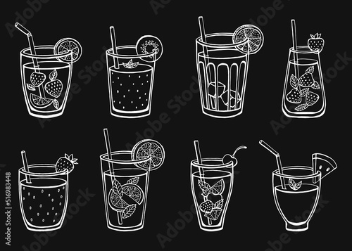 Set non-alcoholic summer drinks isolated on white background. Classic and strawberry lemonade, iced tea, mojito, watermelon  fresh, kiwi and strawberry smoothie. Menu vector images in sketch style.