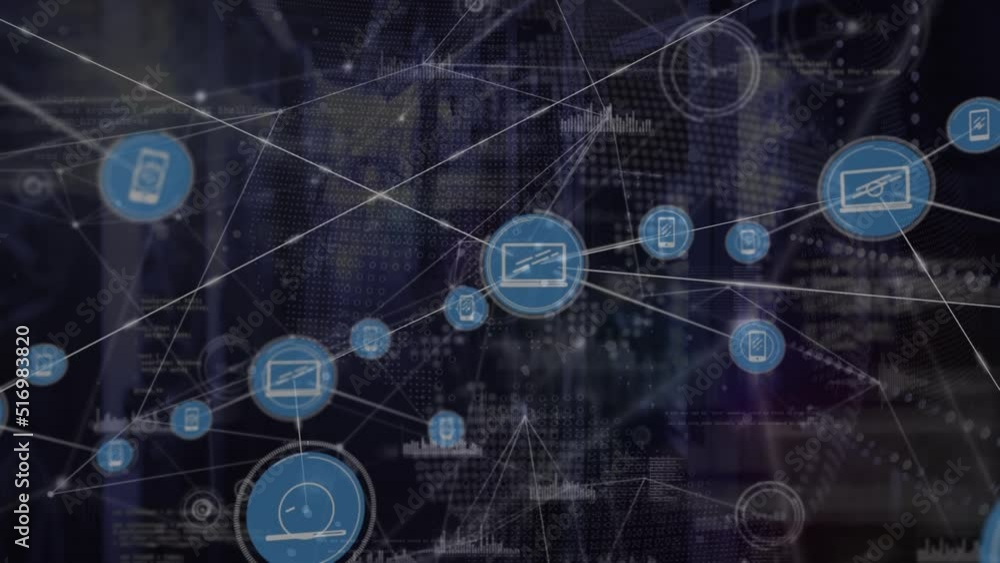 Animation of network of connections and data processing over server room Animation of network of connections and data processing over server room