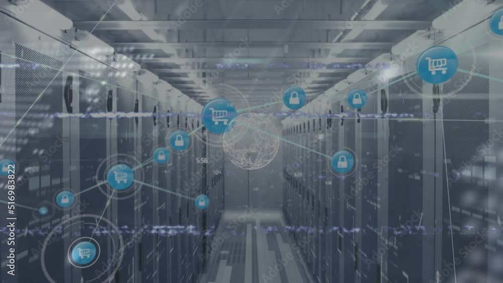 Animation of network of connections and data processing with globe over server room