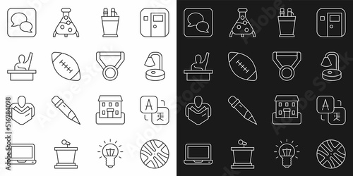 Set line Basketball ball, Translator, Table lamp, Pencil case stationery, American football, Male kid raising hand, Speech bubble chat and Medal icon. Vector