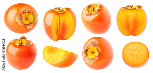 Isolated persimmons. Collection of whole and cut persimmon fruits isolated on white background
