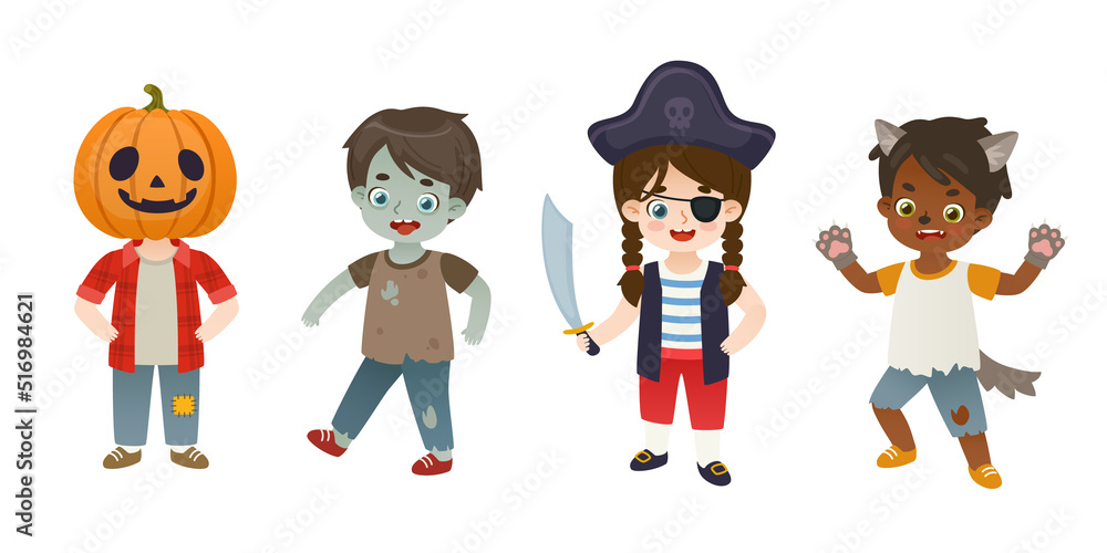 Set of cute kids in halloween traditional costume. Collection of cartoon dressed up children. Set of cute kids in halloween traditional costume. Collection of cartoon dressed up children.