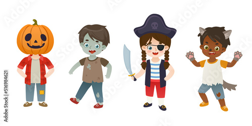 Set of cute kids in halloween traditional costume. Collection of cartoon dressed up children.