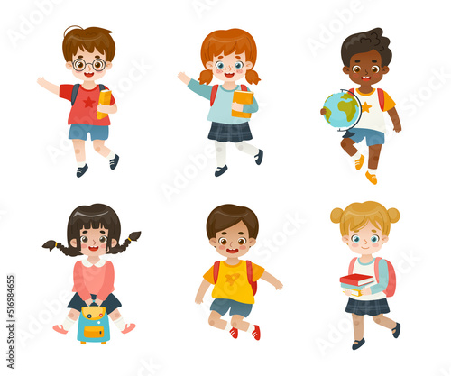 Set of adorable school children. Happy diverse cartoon kids jumping. Cute pupils collection.