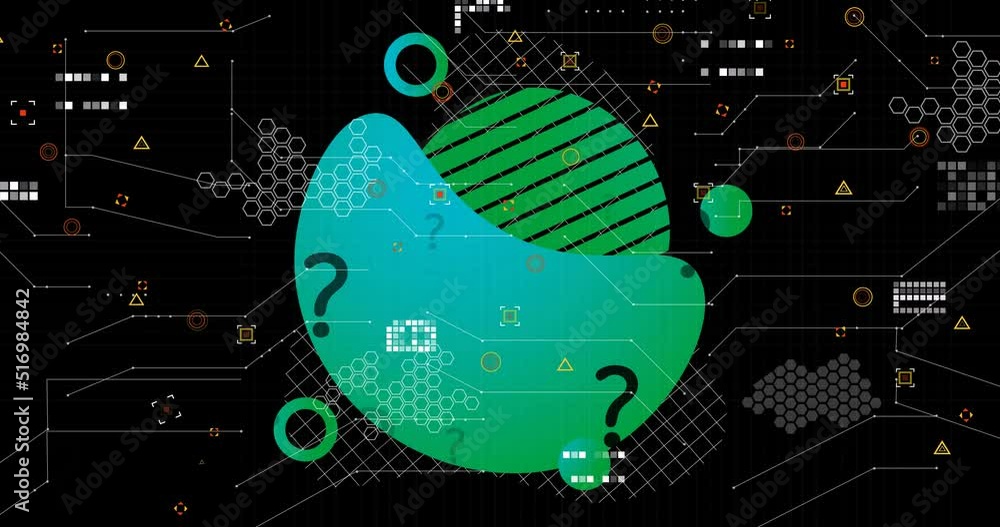 Animation of shapes with question marks over data processing on black ...