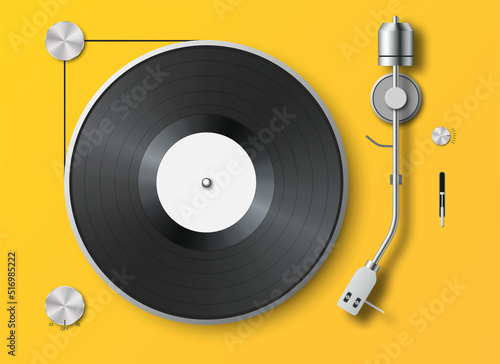 Realistic vinyl record player background. Retro gramophone LP record. Top view. Detailed vintage turntable with vinyl record. Sound equipment. Concept for sound, entertainment. 3d vector illustration photo