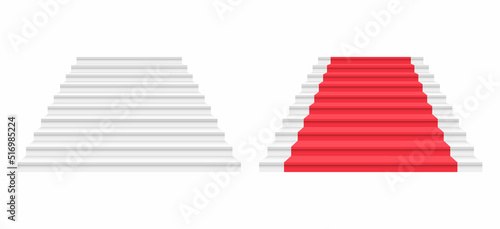 Realistic white stairs with red carpet set. Festive events red and white stairs. Straight stairway. Concept of success. Red carpet event entrance. Vector illustration