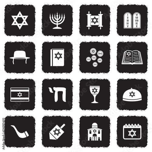 Hanukkah Icons. Grunge Black Flat Design. Vector Illustration.
