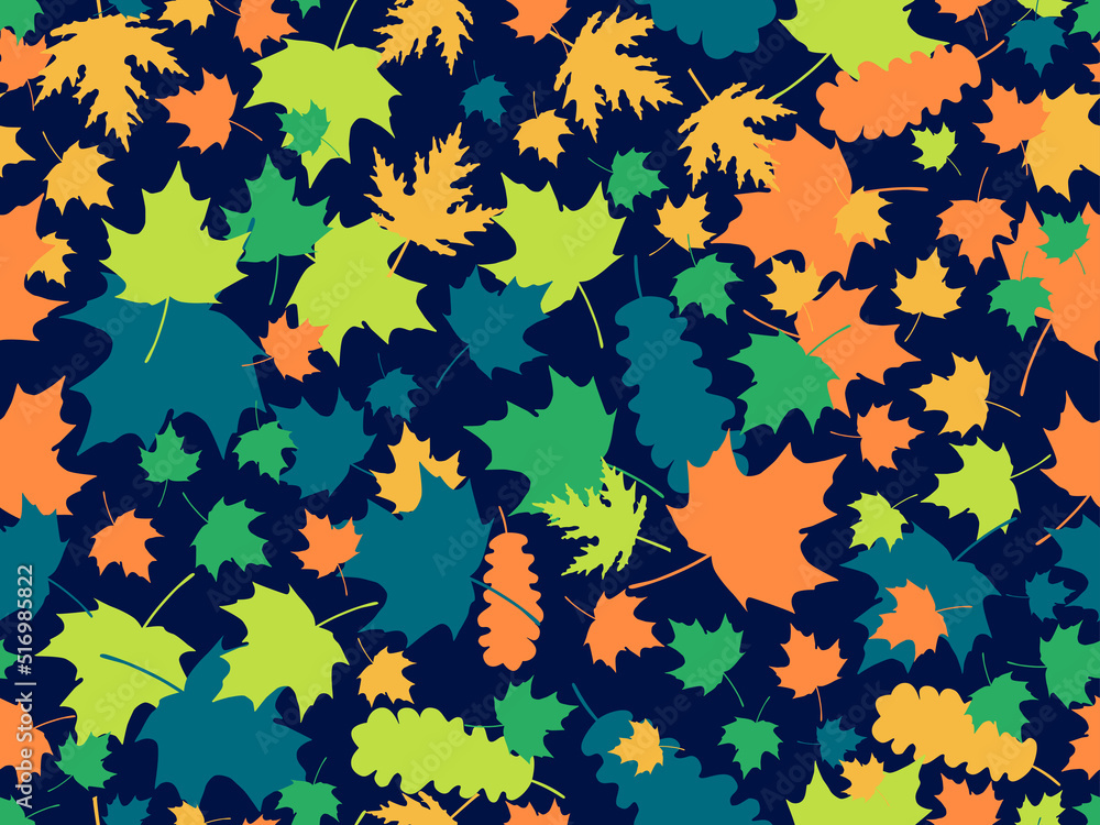 Colorful leaves seamless pattern. Autumn falling leaves, leaf fall. Oak and maple. Design for wrapping paper, print, fabric and printing. Vector illustration Colorful leaves seamless pattern. Autumn falling leaves, leaf fall. Oak and maple. Design for wrapping paper, print, fabric and printing. Vector illustration