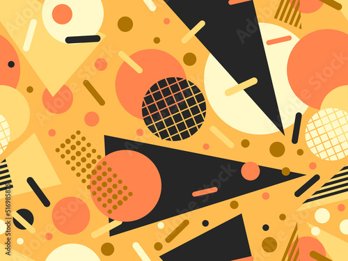 Memphis seamless pattern with geometric shapes in 80s style. Colorful geometric pattern. Design of promotional products, wrapping paper and printing. Vector illustration