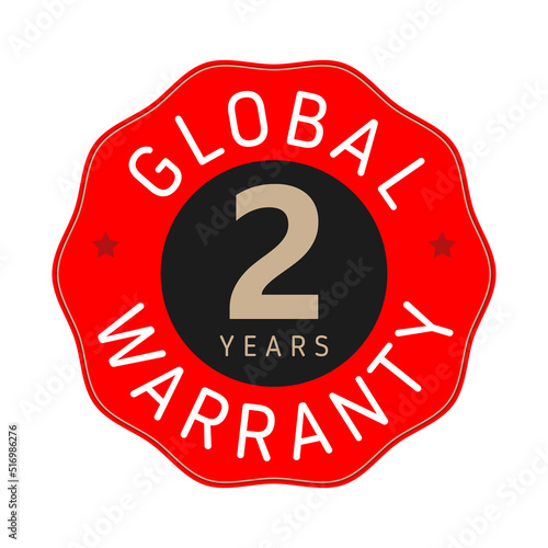 Global warranty isolated vector label. Red template with 2 years sign. Worldwide standart sticker design.