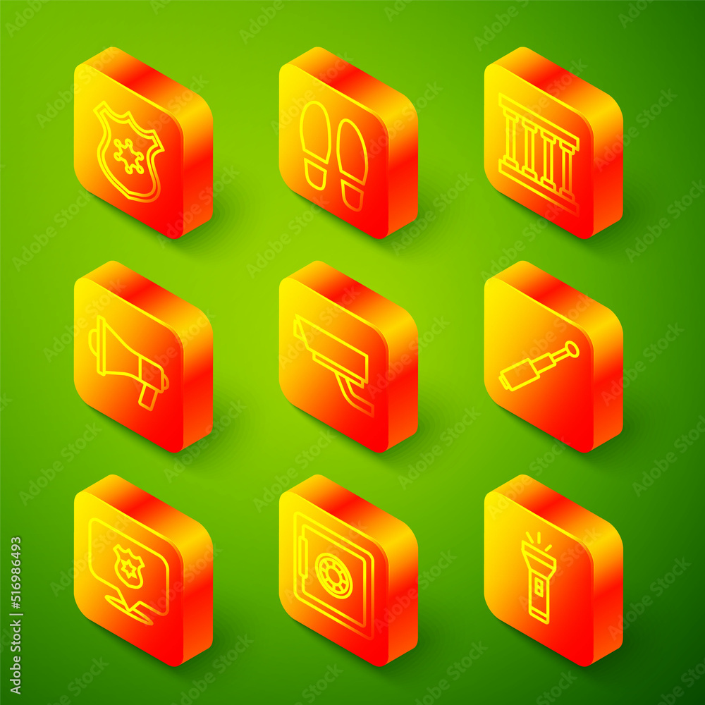 Set line Police badge, Footsteps, Prison window, Megaphone, Security camera, Telescopic baton, and Safe icon. Vector Set line Police badge, Footsteps, Prison window, Megaphone, Security camera, Telescopic baton, and Safe icon. Vector